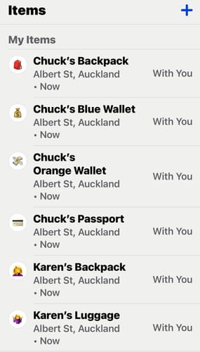Customer's screenshot of the tracking app showing their wallets, passport, and luggage being tracked in Auckland.