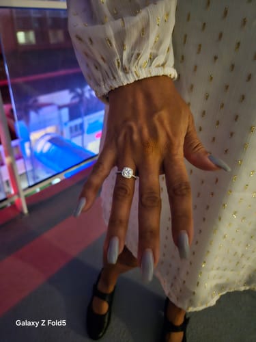 Customer photo review of 2.15 Carats Lab Grown Cushion Cut Micropaved Halo Side Stones Diamond Engagement Ring