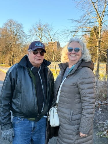 Reviewer and a companion traveling in Ireland, with their belongings secured by the unseen SPOTMINDERS card.
