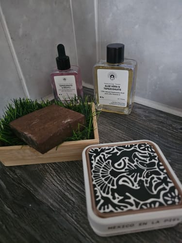 Reviewer's Mexican Skincare Bestseller set, showing the soap, toner, and serum displayed on a bathroom counter.