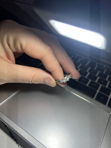 Customer photo review of Three Stone Princess Cut Moissanite Pavé Set Engagement Ring