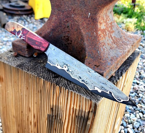 Customer's image of a finished, patterned knife created using the Flexible Ceramic Sanding Belts.
