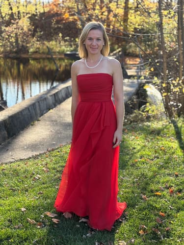 Customer photo review of Teresa Organza Gown in Poppy by Theia Couture - RENTAL