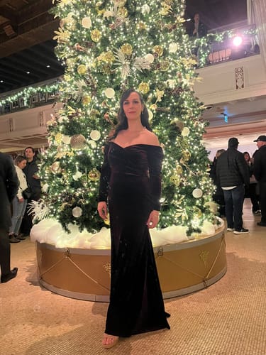 Customer photo review of Lucinda Velvet Gown by Theia Couture - RENTAL