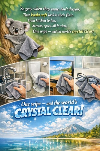 Customer's collage shows the grey KoalaCloth MINI cleaning a sink, toilet, screen, and glasses, referencing its versatility.