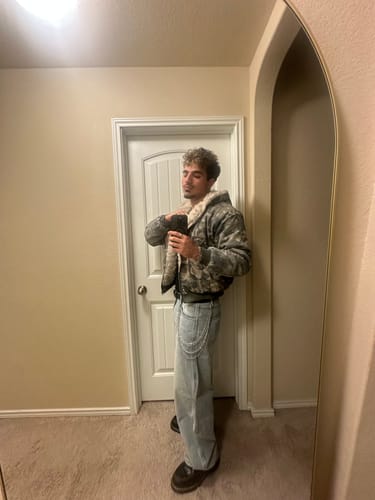 Customer photo review of Camo Faux Fur Padded Hooded Jacket | INFLATION Streetwear