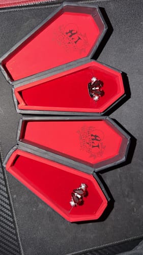 Reviewer's two Promise Rings displayed in their open, black coffin-shaped boxes with red lining.