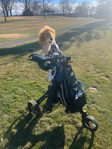 Customer's black Cybercart with an attached golf bag, featuring a lion headcover, on a sunny golf course.
