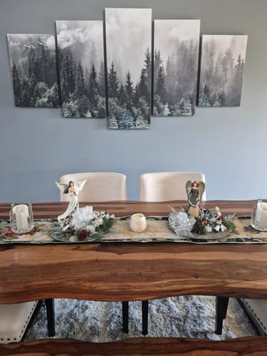 Customer's Foggy Forest 5-panel canvas print hanging on a gray wall in their dining room.