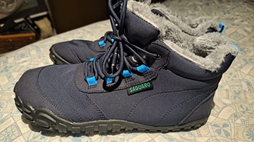 Customer's navy Will II Winter Barefoot Shoes showing the thick grey fleece lining.