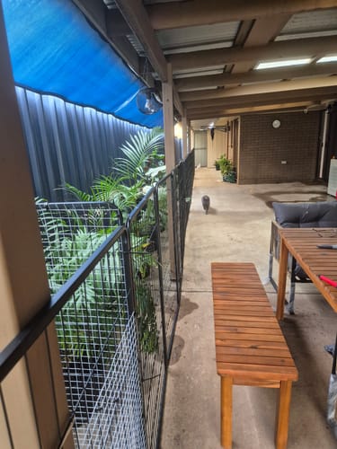 Customer using multiple 8 Panel Pet Dog Playpens to create a long fence along a patio garden, with a kitten in the background.