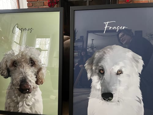 Customer's two beautiful Custom Framed Pet Portraits of their dogs, 'Cosmos' and 'Fraser', displayed in black frames.
