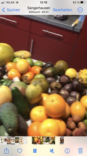 Ein Kunde zeigt die große, bunte Auswahl an Früchten aus der Weihnachts-Danke Box, die auf einem Tisch ausgebreitet ist.