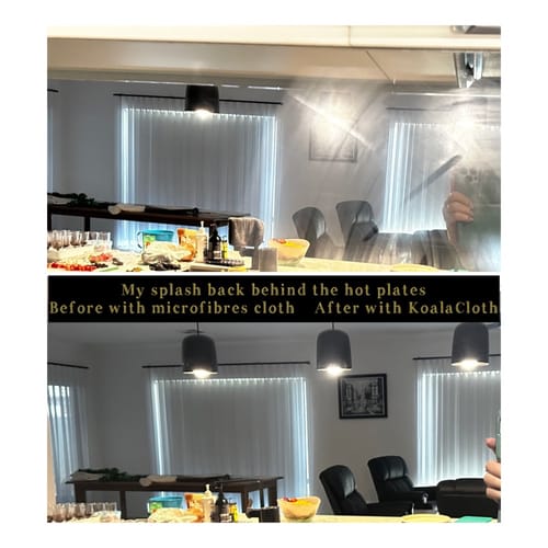 Customer's before-and-after image of a mirrored splashback, showing a smudged surface made perfectly clean with a KoalaCloth.