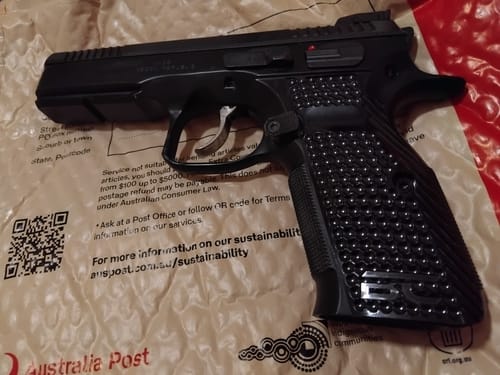 Customer photo review of CZ Shadow 2 Brass Grips | Premium Weight-Adding