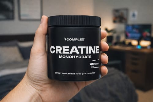 Customer holding a black tub of Complex Creatine Monohydrate in their hand, with a bedroom in the background.