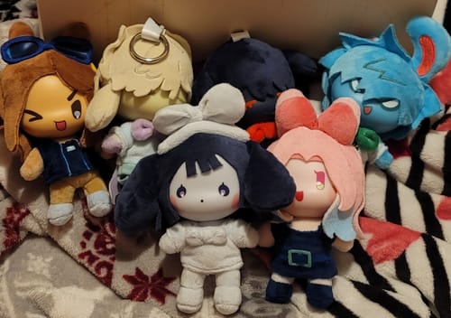 Customer's collection of adorable Alien Stage Rabbit Series plush toys arranged on a patterned blanket.