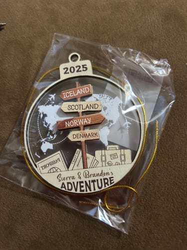 Customer photo review of Personalized Adventure 2-Layered Mix Ornament With 1-15 World Destination Signs - Exploring World Christmas Gift For Traveller