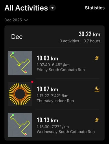 Customer's screenshot of a running app showing three recent running activities.