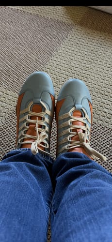 Customer photo review of Men's Racing Sneaker in Blue and Orange