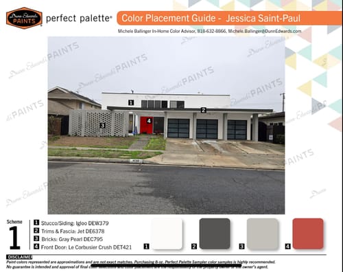 Customer's color placement guide from their IHCA-EXT consultation, showing a rendering of a modern home with paint colors.