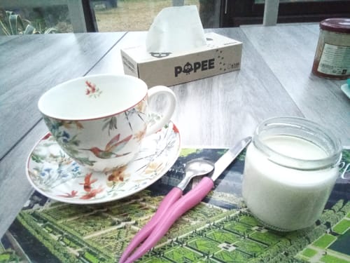 Un client montre la boîte de mouchoirs sur une table de petit-déjeuner.