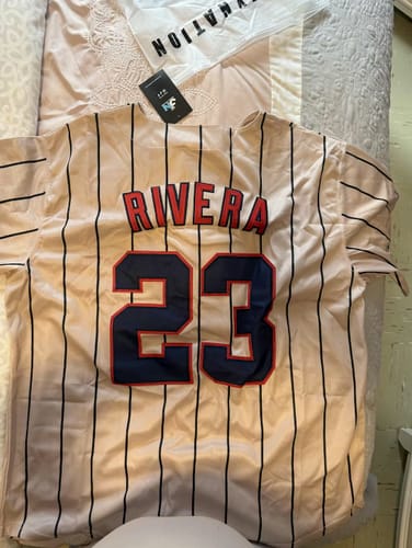 Customer's beige Puerto Rico Heritage Baseball Jersey, showing the back personalized with the name 'RIVERA' and number 23.