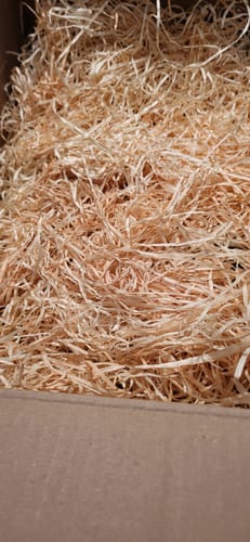 Kunde zeigt die Verpackung für die Riesenmangos Bio, die mit Holzwolle gefüllt ist.