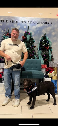 Reviewer wearing a 'Dogs Make Everything Better' t-shirt, standing with a chocolate Labrador service dog in front of a holiday display.