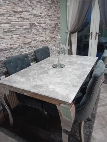 Customer photo review of Vienna Marble Dining Table With Bently Knocker Chairs lion