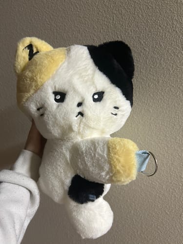 Customer holding the fluffy ZERONI IN WONDERLAND plush doll, which is a calico cat character with a grumpy expression.