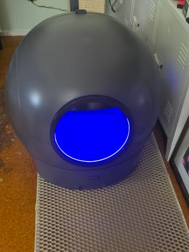Customer's dark grey AutoClean Max litter box with the interior blue UV light on, sitting on a textured floor mat.