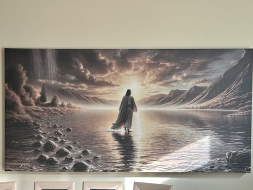 Customer's large 'Walking on Water - Faith Wall Art II' canvas displayed as a focal point in a room.