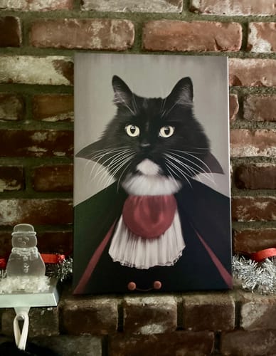 Customer's custom 'The Vampire' pet canvas of a fluffy black and white cat, displayed on a brick fireplace.