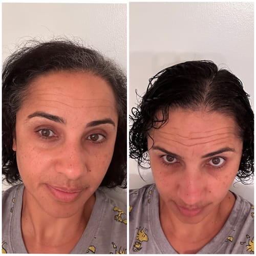 Customer's before-and-after using Instant Dye Shampoo, showing gray roots covered and resulting in dark, shiny hair.