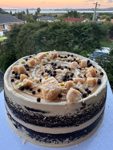 Customer photo review of chocolate caramel cake