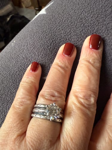 Customer photo review of Flush Set Moissanite Evenly Spaced Eternity Wedding Band