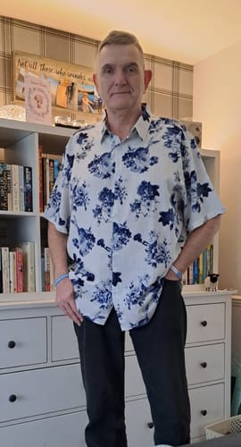 Customer photo review of Men's Blue Floral Print Cotton Beach Holiday Button Up Short Sleeve White Lapel Hawaiian Shirt