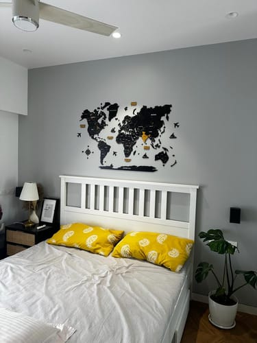 Customer photo review of 3D Black & Yellow Wooden World Map for wall