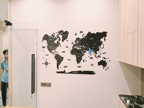 Customer photo review of 2D Black & Blue Wooden world map for wall