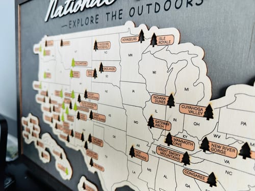 Customer photo review of US Wooden National Parks Travel Map With Trees To Record Park Visits (Light Grey)