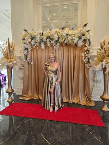 Joanna M. review of Gilded Golden One Shoulder Ballgown by Mac Duggal - RENTAL image 1 out of 1