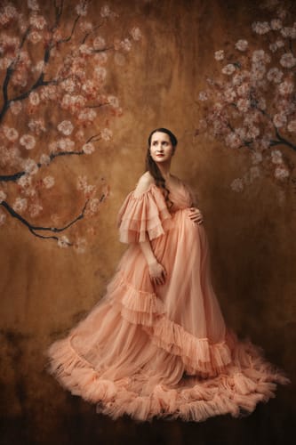 Customer photo review of Tulle Maternity Dress For Photo Shoot Stretch Waist Cold Shoulder V Neck Ruffled Baby Shower Dress