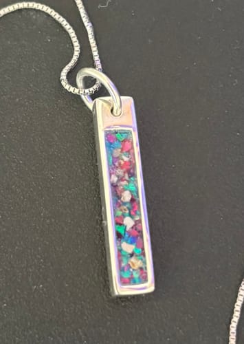 Customer photo review of Opal Bar Pendant with Cremation Ash - Engravable