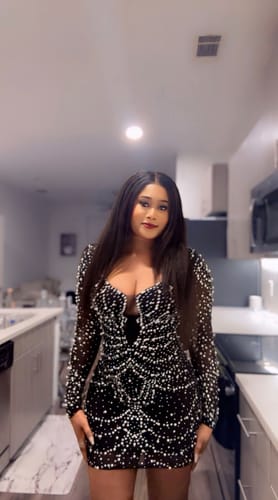 Customer photo review of Leslie Rhinestone Pearl Mini Dress - Black