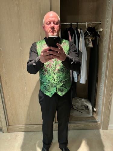 Customer photo review of Barry Wang Green Paisley Silk Vest Necktie Pocket Square Cufflinks Set