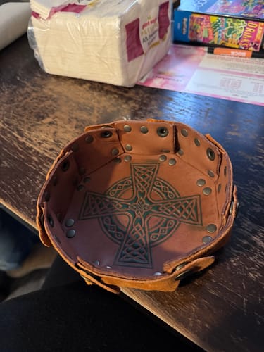 Customer photo review of Celtic Leather Dice Tray – Dice Around the World Collection