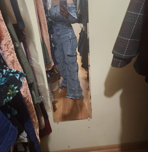 Customer photo review of Carla Denim Off Shoulder Cargo Jumpsuit