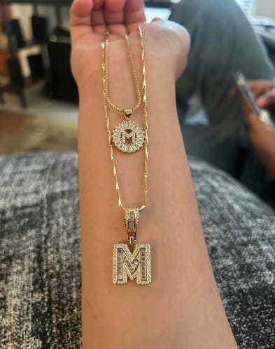 Customer photo review of 2 Pack Initial Letter Pendant with Zircon Stones for Women