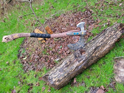 Customer photo review of Hand-forged Leviathan axe with hardened head and carved handle "Tyr"